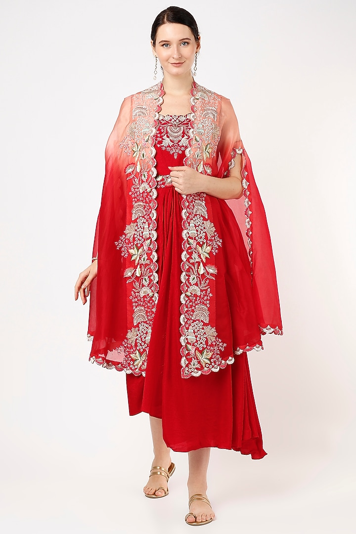 Red Silk Wedding Anarkali With Ombre Cape by Ojasvini at Pernia's Pop Up Shop
