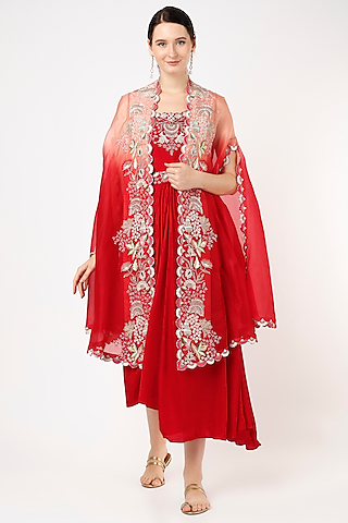 Red Silk Anarkali With Ombre Cape by Ojasvini