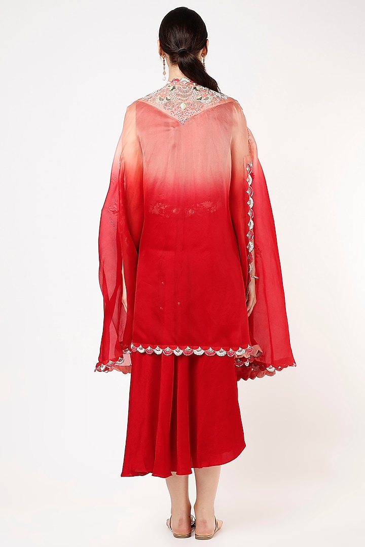 Red Silk Anarkali With Ombre Cape by Ojasvini at Pernia's Pop Up Shop