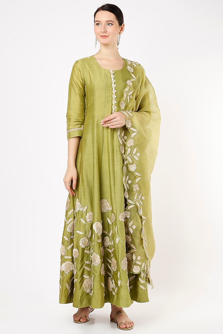 Green Silk Gota Embroidered Wedding Anarkali Set by Ojasvini at Pernia's Pop Up Shop