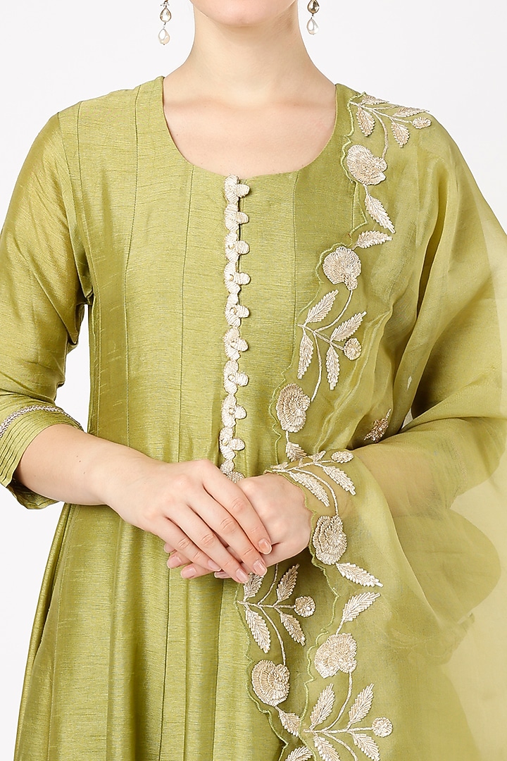 Green Silk Gota Embroidered Wedding Anarkali Set by Ojasvini at Pernia's Pop Up Shop