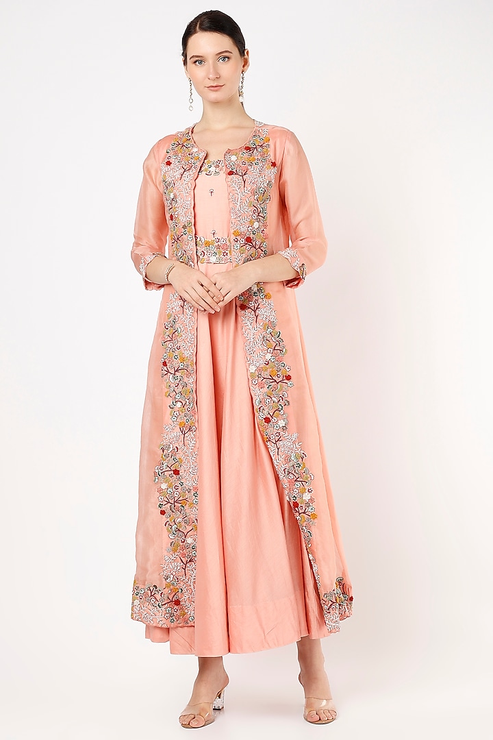 Peach Silk Anarkali With Embroidered Jacket by Ojasvini