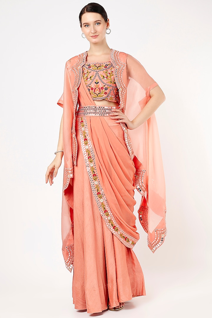 Peach Silk Draped Wedding Lehenga Set by Ojasvini at Pernia's Pop Up Shop