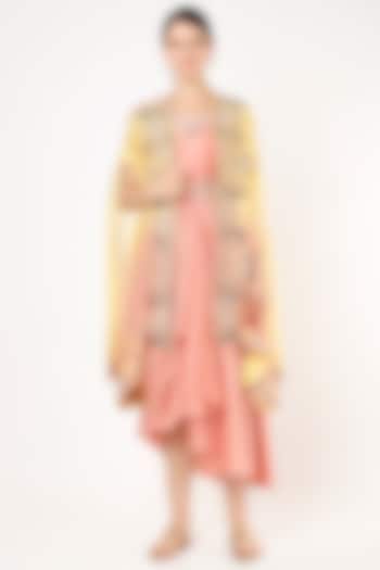 Pink Silk Draped Dress With Cape by Ojasvini