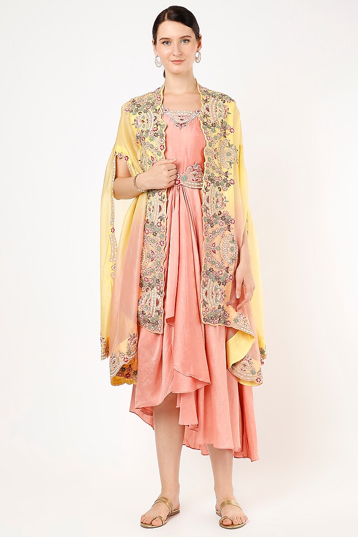 Pink Silk Draped Cocktail Dress With Cape by Ojasvini at Pernia's Pop Up Shop