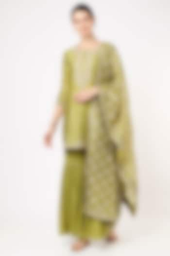 Olive Green Georgette Sharara Set by Ojasvini at Pernia's Pop Up Shop