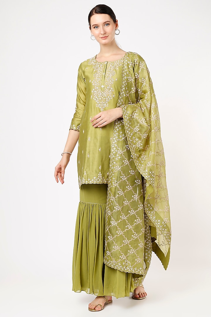 Olive Green Georgette Sharara Set by Ojasvini at Pernia's Pop Up Shop