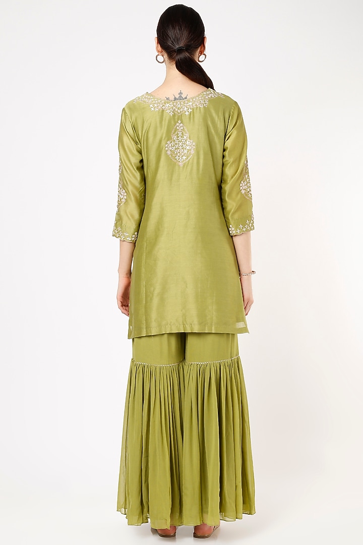 Olive Green Georgette Wedding Sharara Set by Ojasvini at Pernia's Pop Up Shop