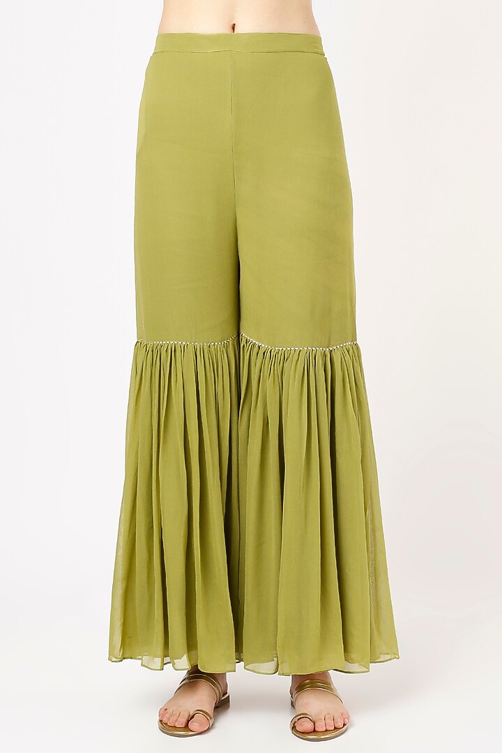 Olive Green Georgette Wedding Sharara Set by Ojasvini at Pernia's Pop Up Shop