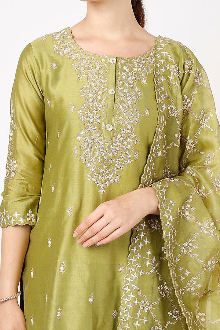 Olive Green Georgette Wedding Sharara Set by Ojasvini at Pernia's Pop Up Shop