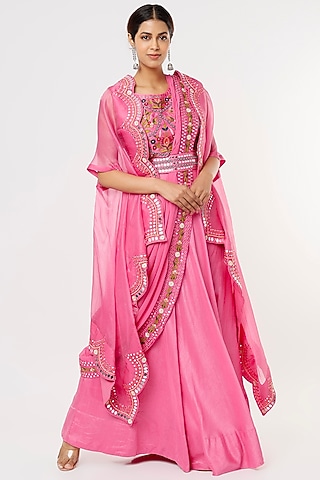 Pink Silk Skirt Set by Ojasvini