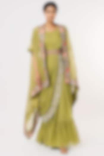 Mehendi Green Georgette Gown Saree by Ojasvini