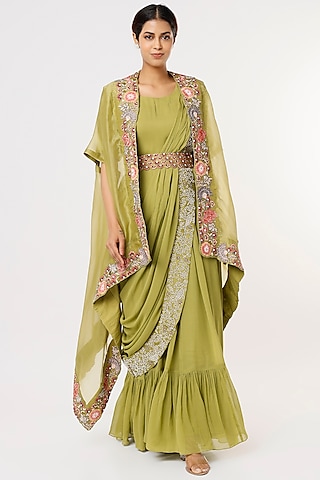 Mehendi Green Georgette Gown Saree by Ojasvini