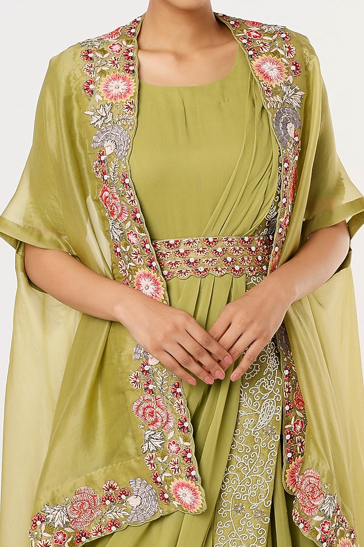 Mehendi Green Georgette Wedding Gown Saree by Ojasvini at Pernia's Pop Up Shop