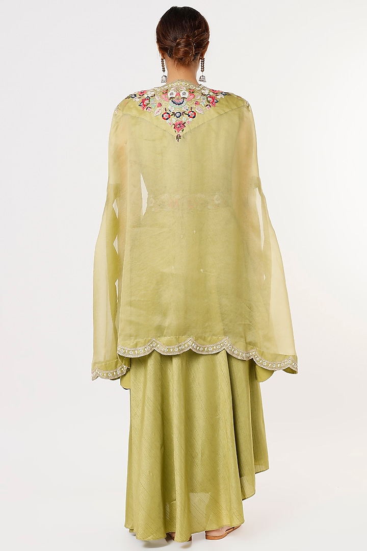 Mehendi Green Embroidered Cape Set by Ojasvini at Pernia's Pop Up Shop