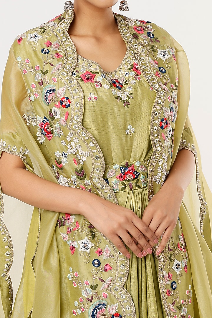 Mehendi Green Embroidered Cape Set by Ojasvini at Pernia's Pop Up Shop