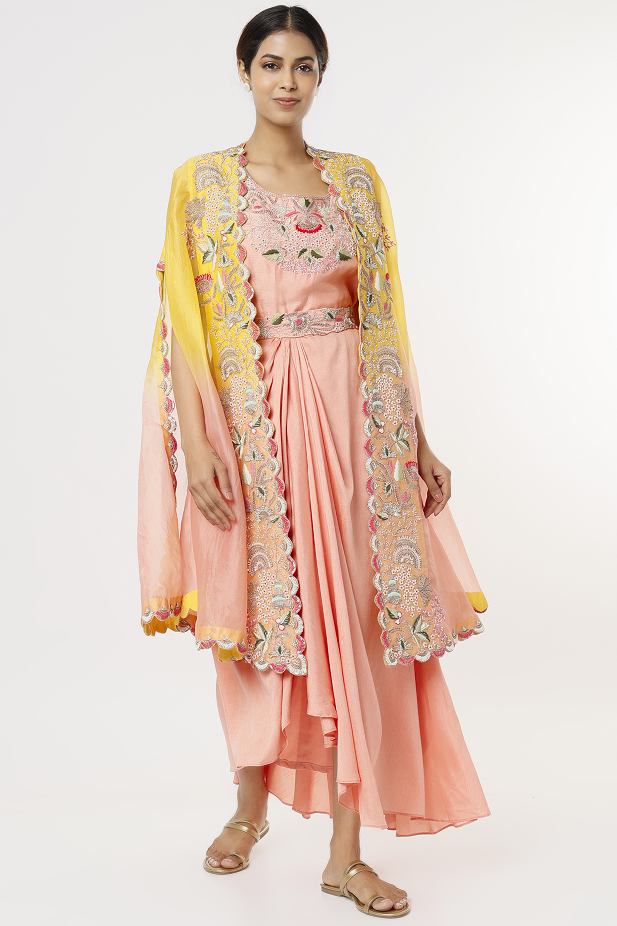 Peach Embroidered Cape Set by Ojasvini at Pernia's Pop Up Shop