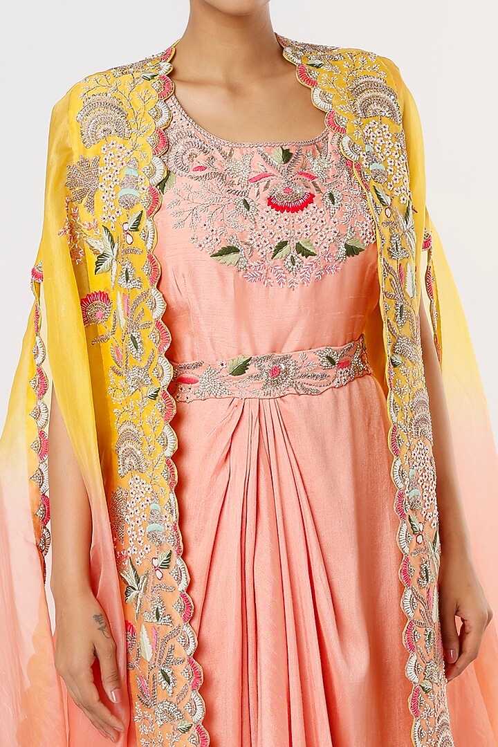 Peach Embroidered Cape Set by Ojasvini at Pernia's Pop Up Shop