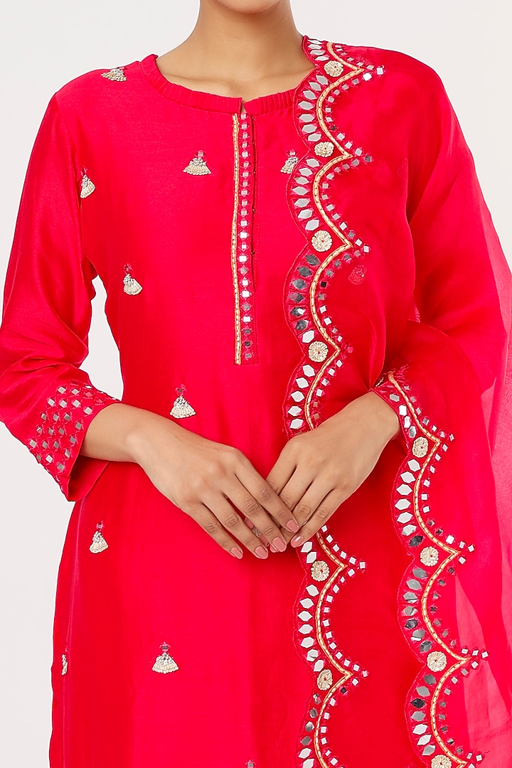 Cherry Red Embroidered Kurta Set by Ojasvini at Pernia's Pop Up Shop