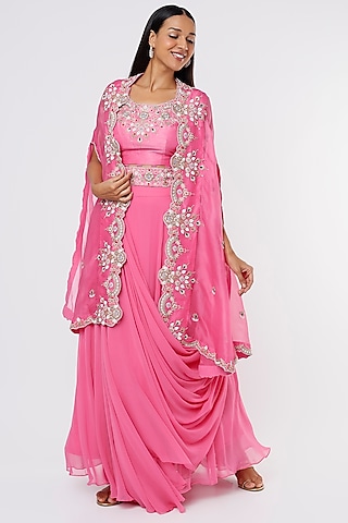Pink Organza & Georgette Embellished Jacket Lehenga Set by Ojasvini