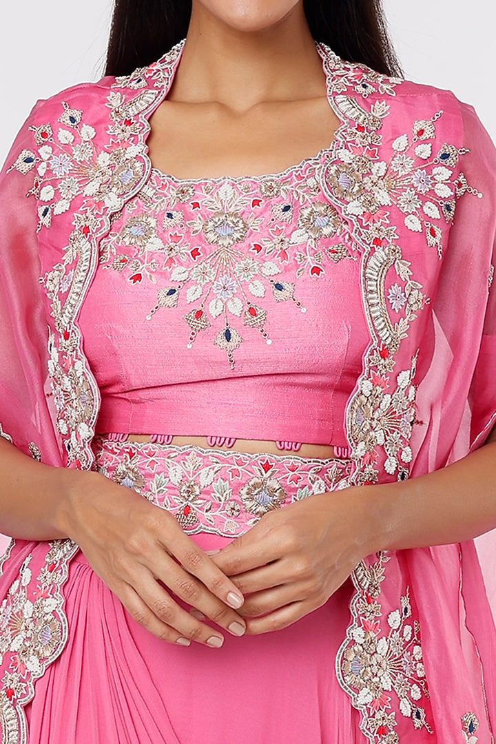 Pink Organza & Georgette Embellished Jacket Wedding Lehenga Set by Ojasvini at Pernia's Pop Up Shop