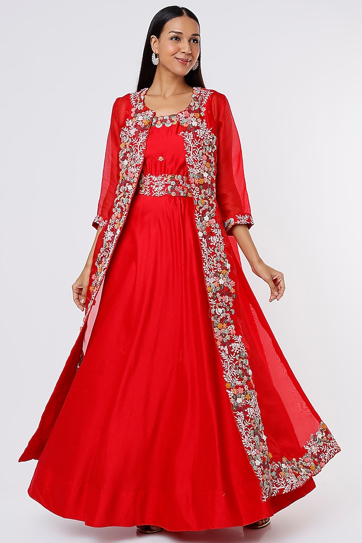 Red Silk Chanderi Anarkali Set by Ojasvini