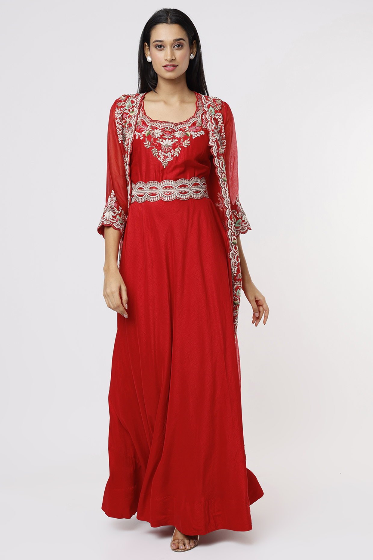 Red Silk Chanderi Wedding Anarkali Set by Ojasvini at Pernia's Pop Up Shop