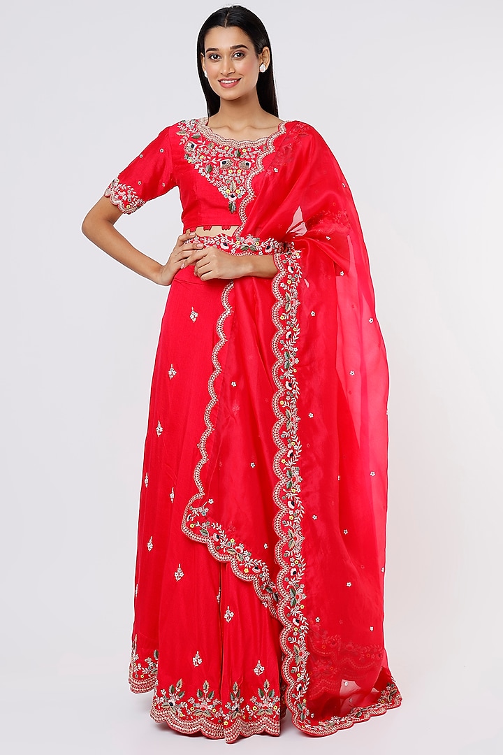 Red Silk Lehenga Set by Ojasvini