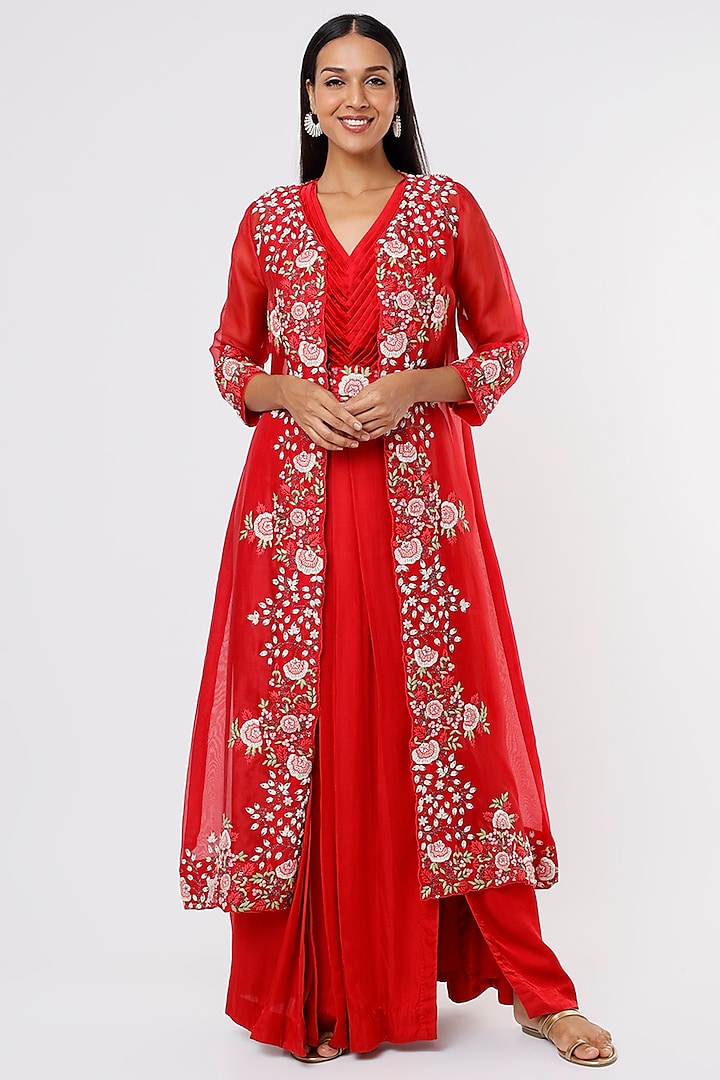 Cherry Red Modal Satin Anarkali Set by Ojasvini