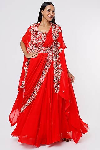 Red Georgette Jacket Lehenga Set
 by Ojasvini