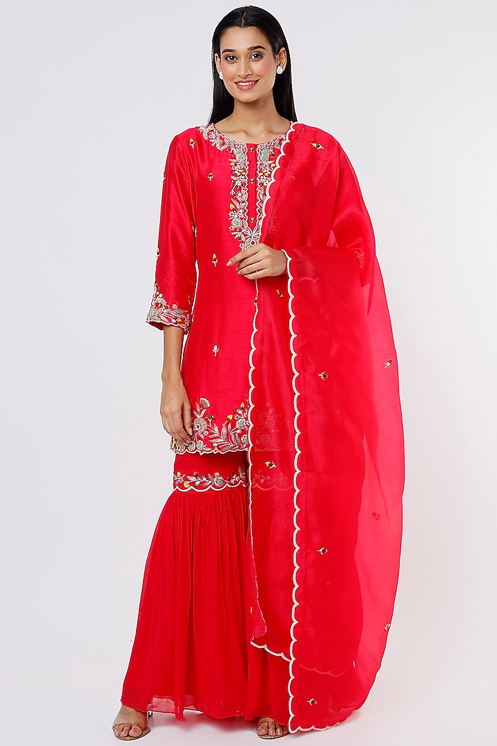 Hot Pink Embroidered Gharara Set by Ojasvini
