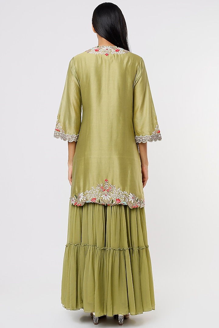 Green Silk Chanderi Zardosi Embroidered Kurta Set by Ojasvini at Pernia's Pop Up Shop