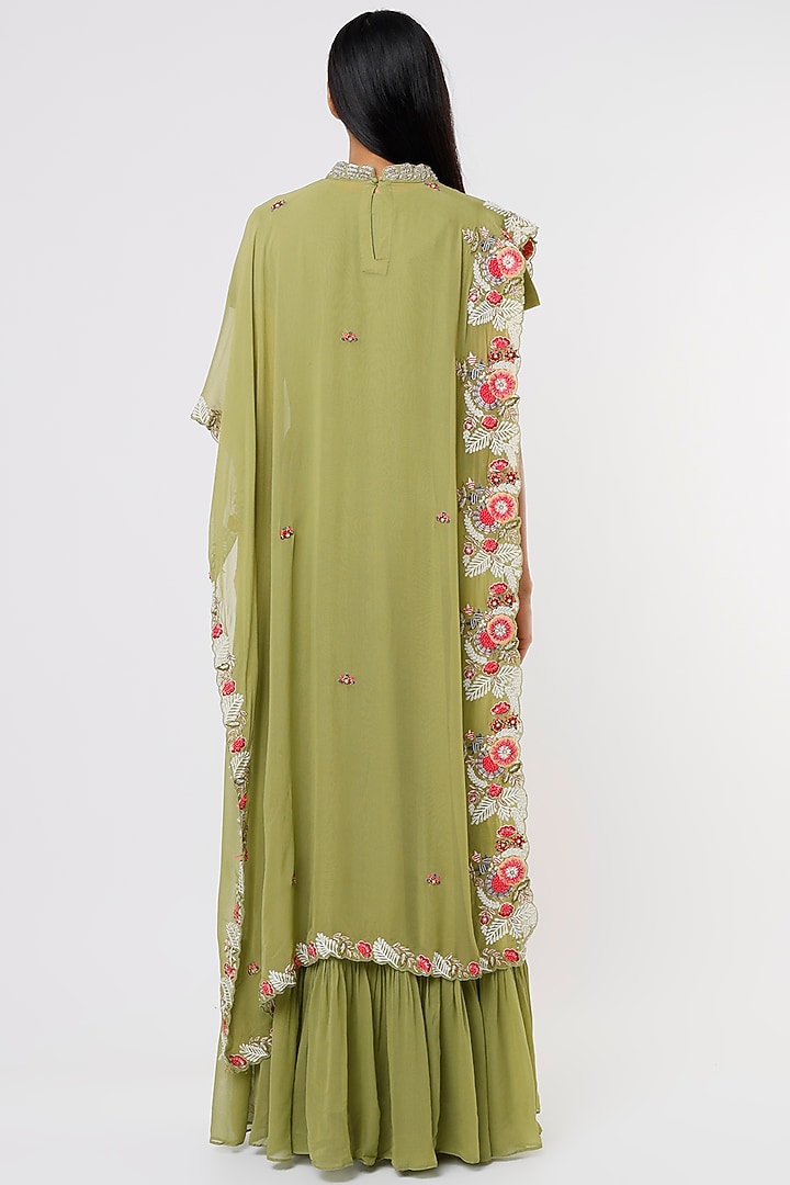 Green Georgette Party Wear Anarkali With Cape by Ojasvini at Pernia's Pop Up Shop