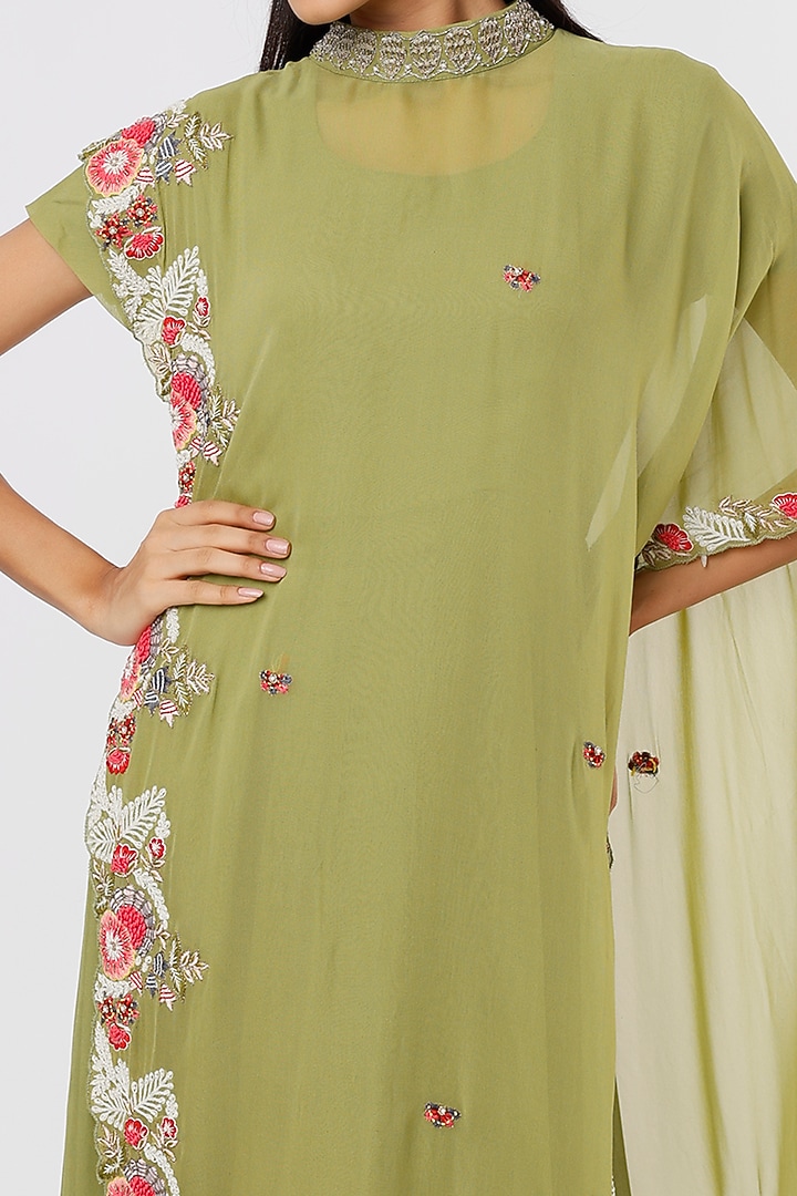 Green Georgette Party Wear Anarkali With Cape by Ojasvini at Pernia's Pop Up Shop