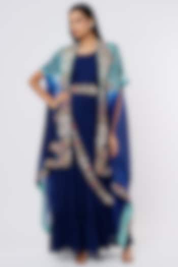 Navy Blue Embroidered Gown Saree by Ojasvini