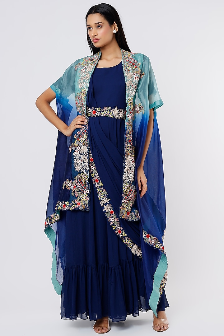 Navy Blue Embroidered Gown Saree by Ojasvini