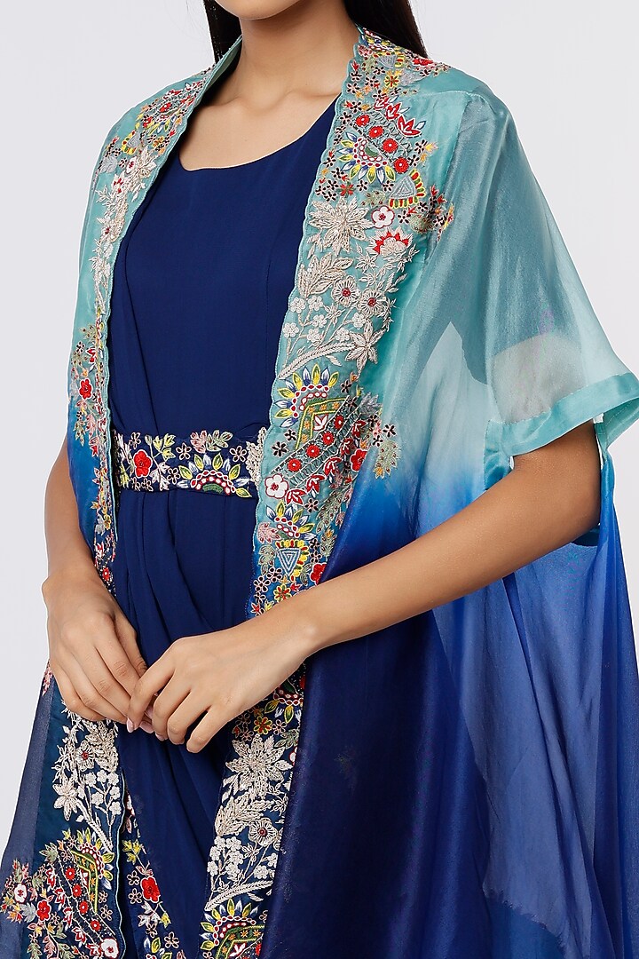 Navy Blue Embroidered Wedding Gown Saree by Ojasvini at Pernia's Pop Up Shop