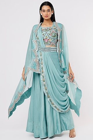 Teal Blue Silk Lehenga Set by Ojasvini