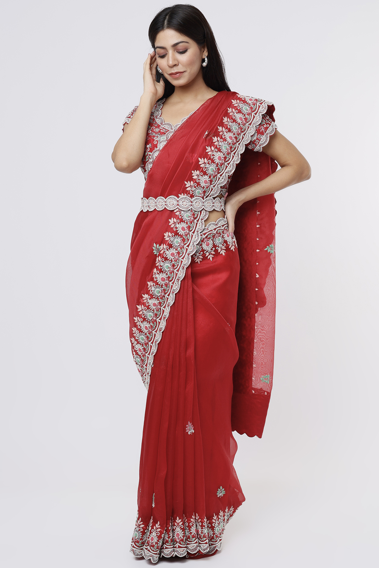 Red Wedding Saree Set In Organza by Ojasvini at Pernia's Pop Up Shop