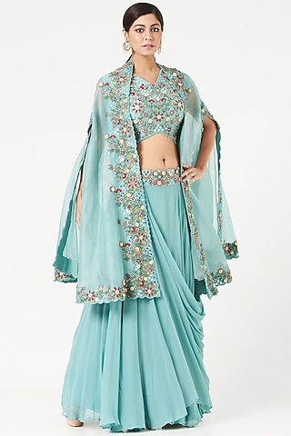 Sky Blue Organza Cape Set by Ojasvini