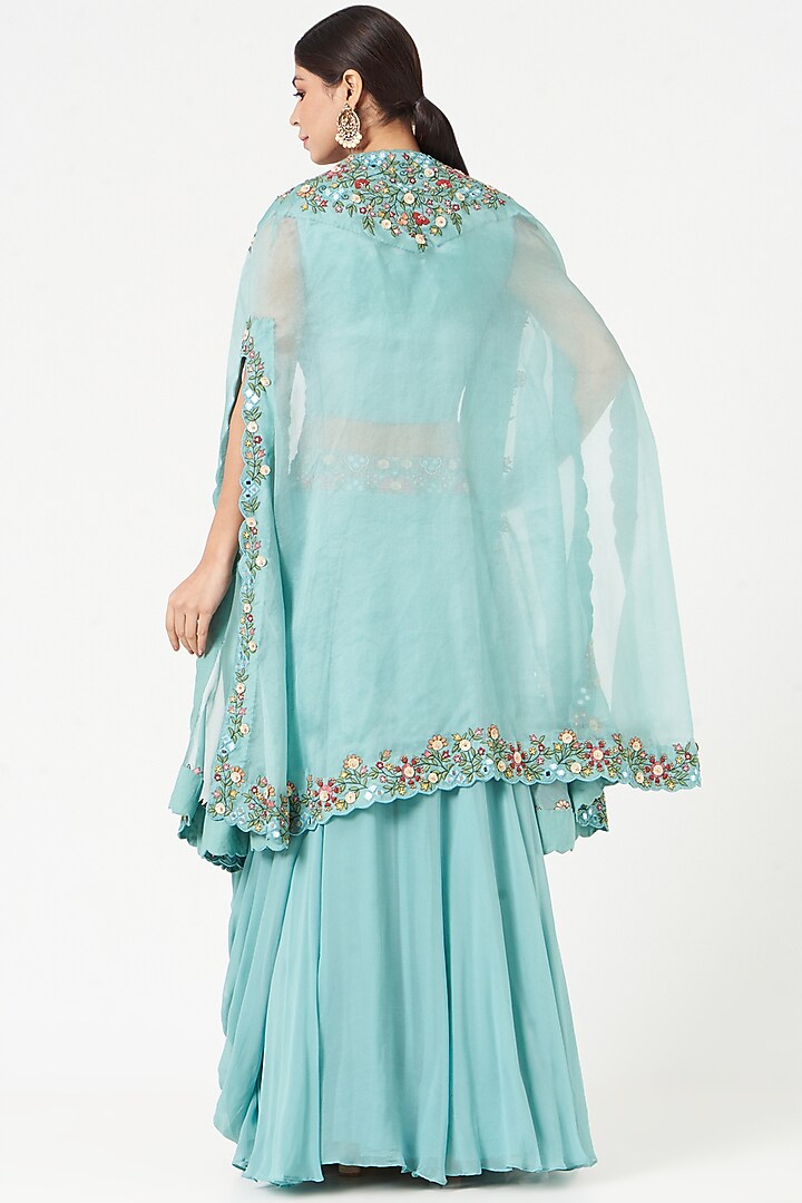 Sky Blue Organza Cape Set by Ojasvini at Pernia's Pop Up Shop