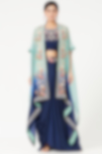 Midnight Blue Embroidered Cape Set by Ojasvini at Pernia's Pop Up Shop
