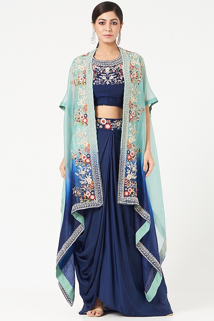 Midnight Blue Embroidered Cape Set by Ojasvini at Pernia's Pop Up Shop
