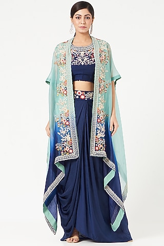 Midnight Blue Embroidered Cape Set by Ojasvini