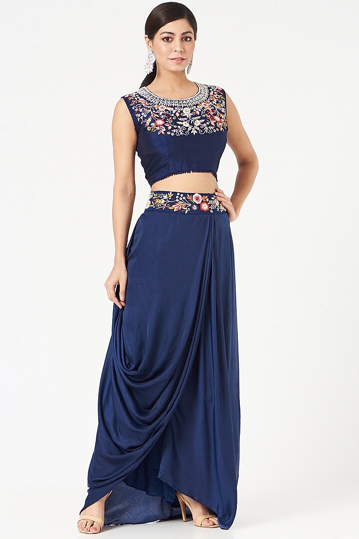 Midnight Blue Embroidered Cape Set by Ojasvini at Pernia's Pop Up Shop