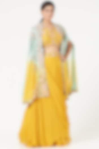 Yellow Ombre Embroidered Cape Set by Ojasvini