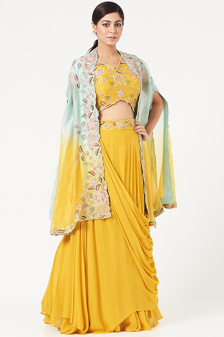 Yellow Ombre Embroidered Cape Set by Ojasvini at Pernia's Pop Up Shop