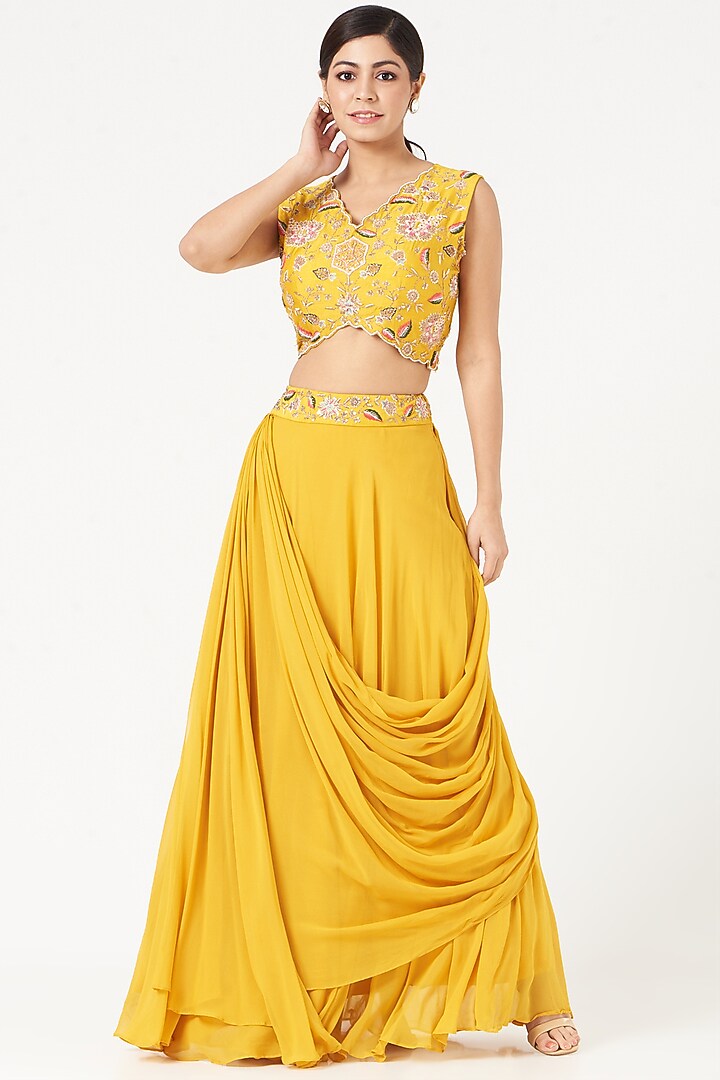 Yellow Ombre Embroidered Cape Set by Ojasvini at Pernia's Pop Up Shop