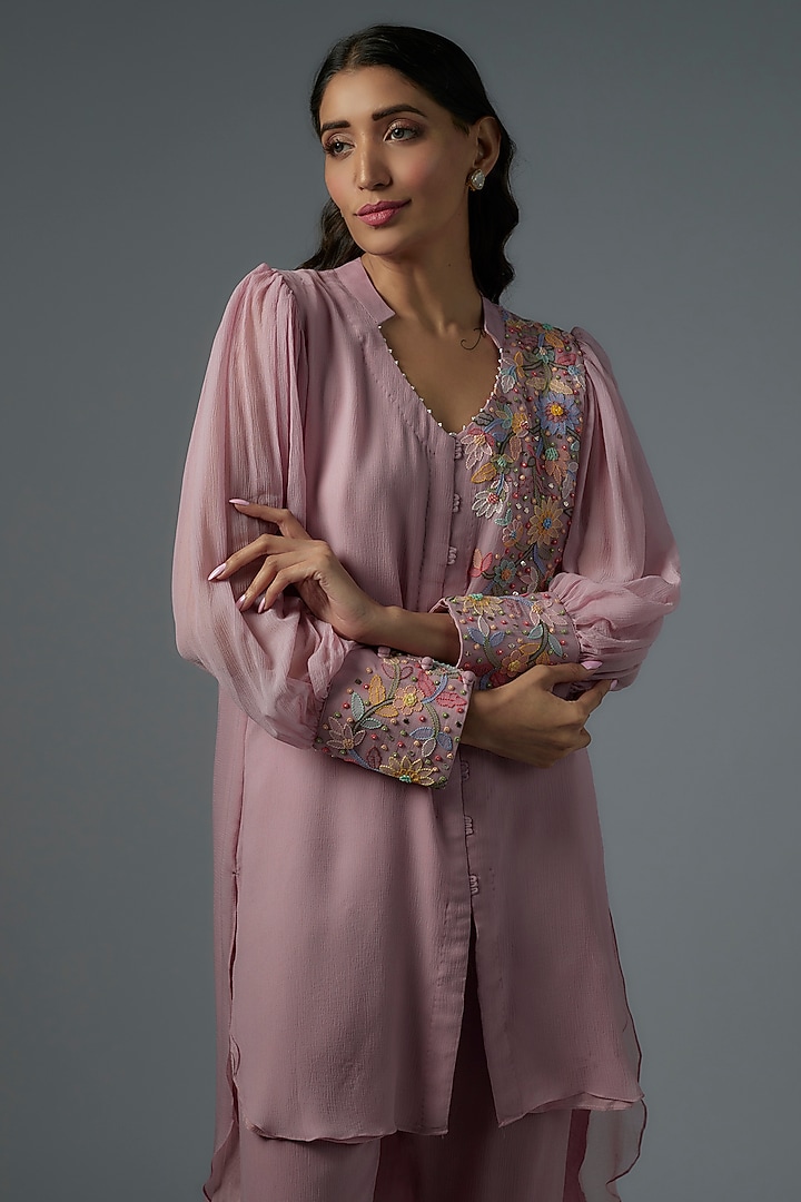Pink Chiffon Embroidered Co-Ord Set by Ojasvini at Pernia's Pop Up Shop