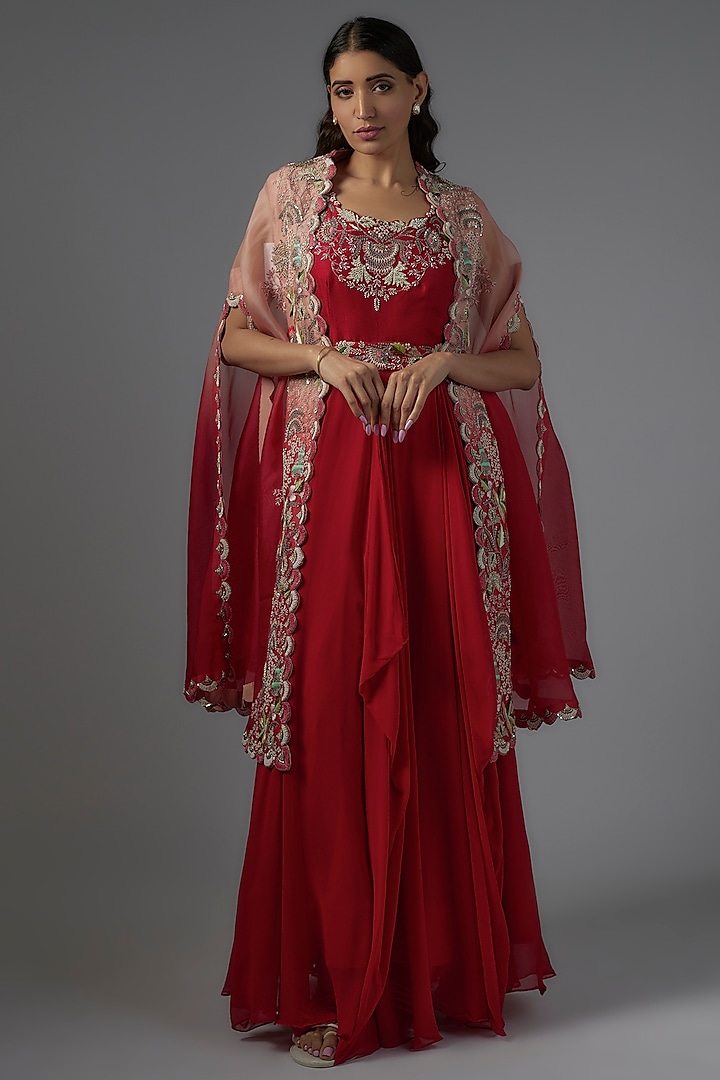 Red Organza & Georgette Gown with Cape by Ojasvini